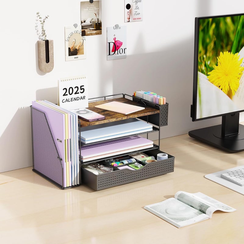 gianotter Wood Desk Organizers and Accessories with File Holder, 4-Tier Desk Accessories & Workspace Organizers with Drawer and Pen Holder, Paper Organizer for Office Supplies (Wood) - Image 3